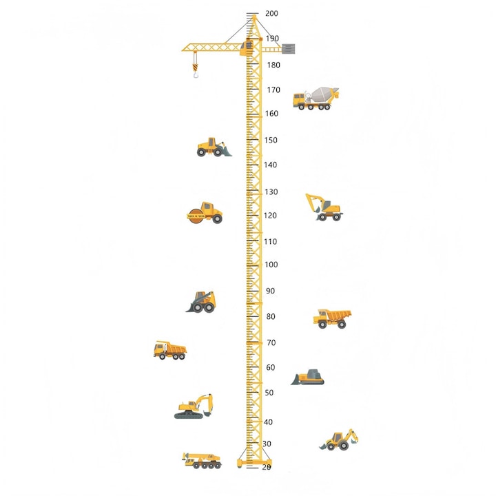 Sticker autocolant metru masurare inaltime copii Vehicule de Constructie 200cm Rigla de Crestere Autoadeziv pentru Camera Copiilor