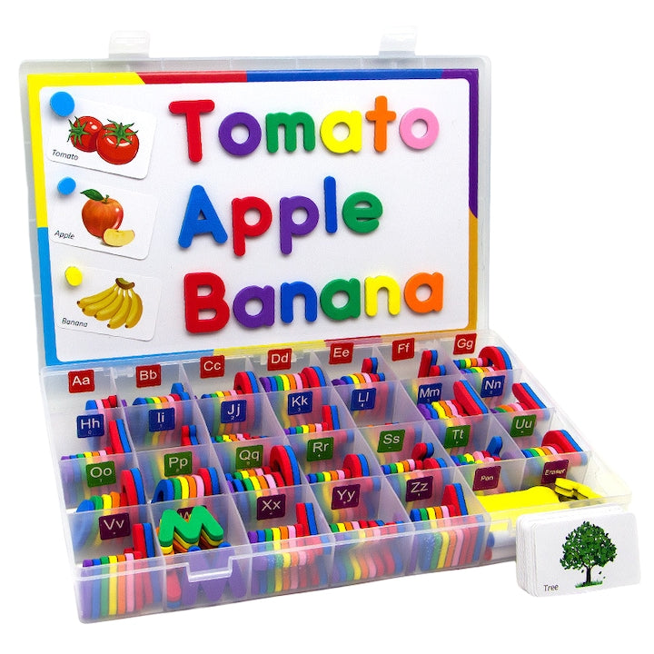 Set educativ 277 piese cu litere si cifre magnetice tabla magnetica dubla si cutie de depozitare pentru copii 3-7 ani spuma