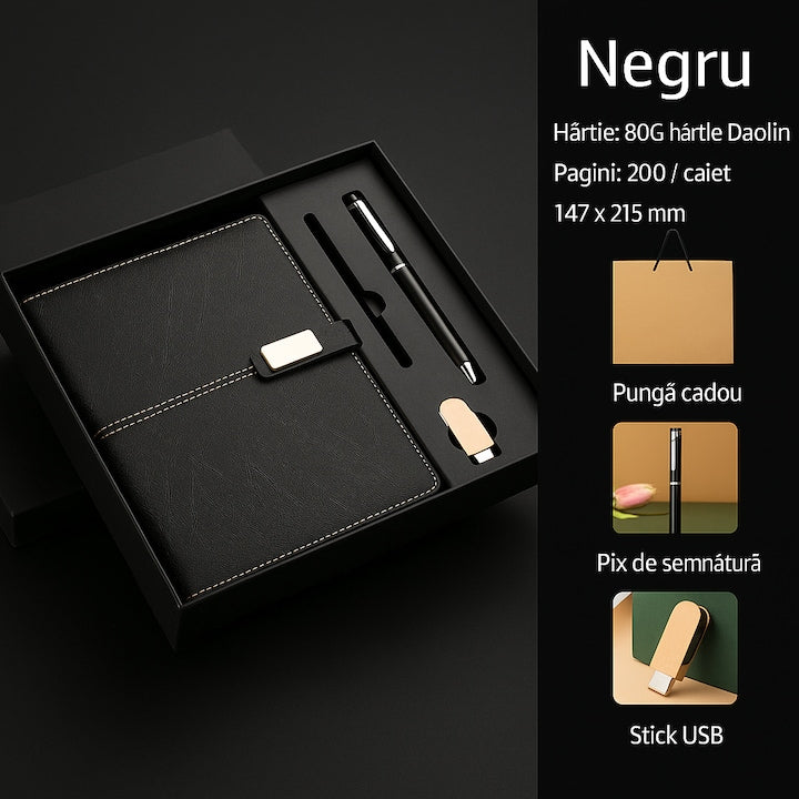 Eco-leather agenda, metal pen and USB stick, 147x215mm