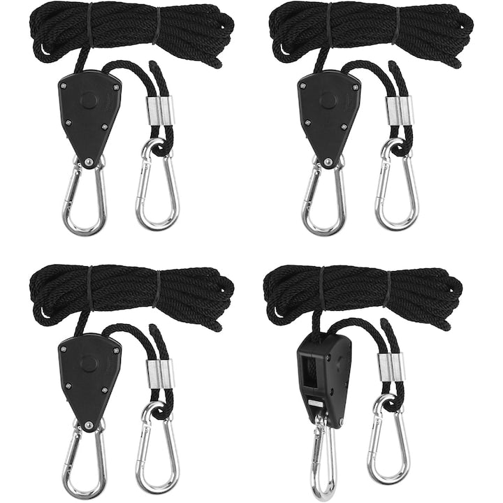 Set 4 franghii cu clichet si carlige pentru obiecte suspendate plastic/nailon/metal sarcina maxima 68 kg/150 lbs lungime franghie 2 m reglabil Negru/Argintiu