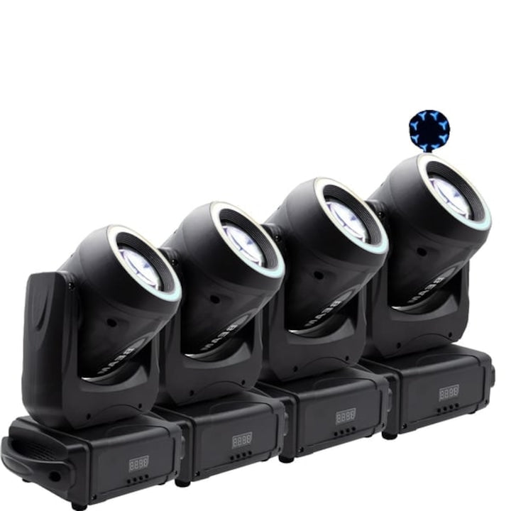 Set de 4 moving head CJ-CDON-K0238-260825-519 120W per unit fascicul 13° DMX 11/14 canale activare vocala si master-slave priza EU negru 35.5 x 22.5 x 26.5 cm