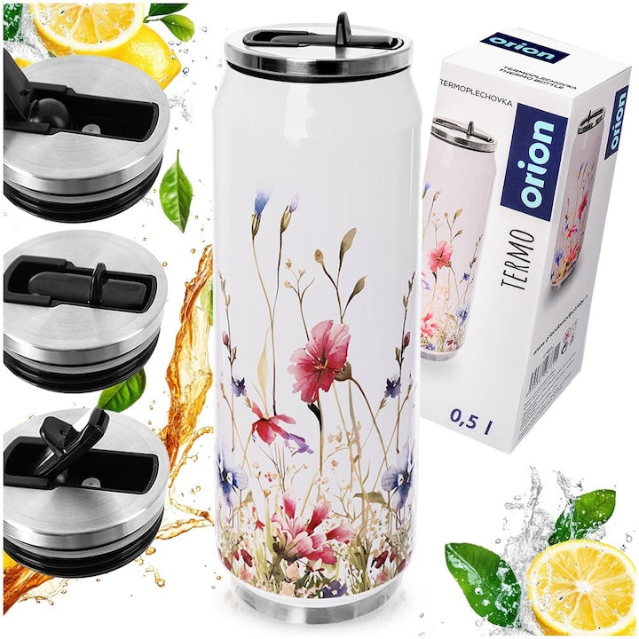 Cana Termos In Forma De Doza Orion Flori De Camp 500 ml Alb/Negru Otel Inoxidabil Recipient Termic Perete Dublu Cu Izolare In Vid Inchidere Etansa Mentine Caldura Pana La 12H Pai Inclus Cana Calatorie Cafea Ceai Bauturi Reci