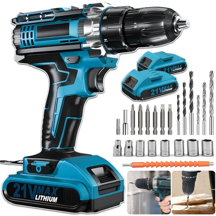 Complete Cordless Drill Kit Juksun Cordless Drill 21V 1500mAh 36 Accessories Suitable for Fast Drilling and Precise Screwing Drilling, Screwing, Sanding Blue