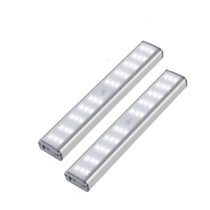 Set 2 Lampi LED inteligente cu senzor 30 led-uri puternice senzor miscare si mana 3 temperaturi culoare fara baterii cu reincarcare prin USB pentru dressing dulap de bucatarie baie hol scari 20cm Alb
