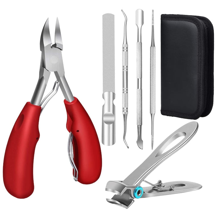 Set pedichiura profesionale cu unghiera si accesorii pedichiura Inox pentru unghiile incarnate sau groase Amtok Argintiu/ Rosu