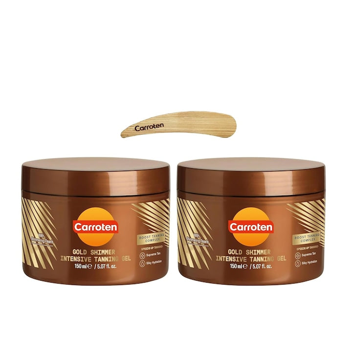 Gel autobronzant Carroten Gold Shimmer accelerator de bronzare ulei de morcov si cocos rezistent la apa set 2x150ml