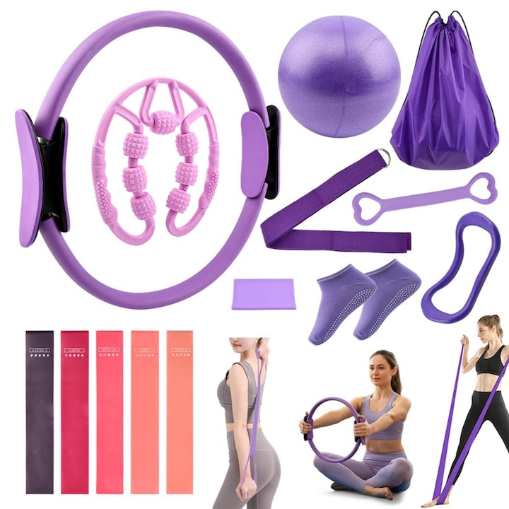 Kit Pilates 14 Piese pentru Fitness Acasa cu Cerc Pilates Minge Yoga 5 Benzi de Rezistenta Core Sliders Sosete Antiderapante si Geanta
