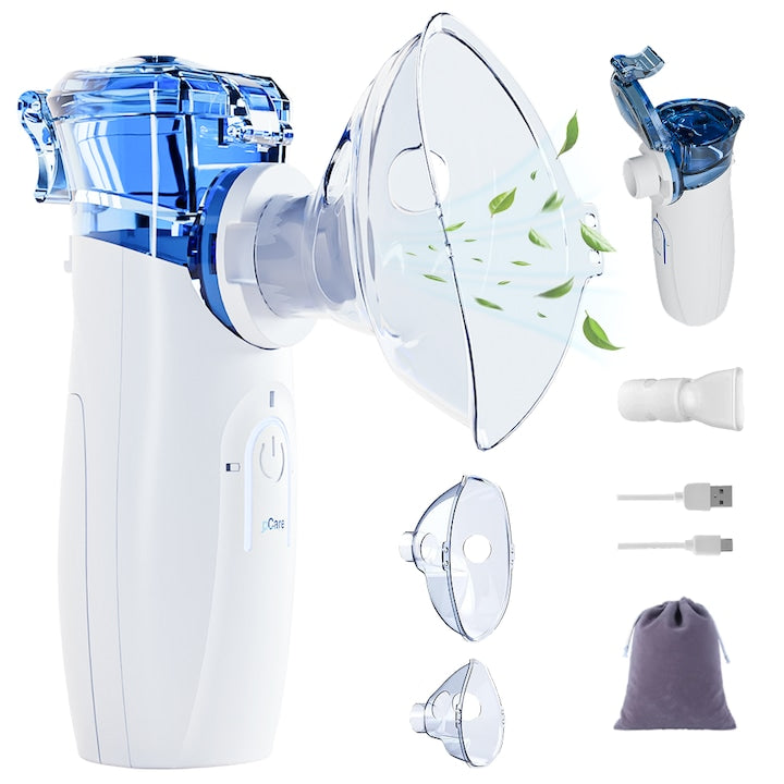 Aparat Aerosoli Portabil Silentios pCare NEO Inhalator Nebulizator Mesh Ultrasonic Rezervor 8 ml Terapie Rapida Auto-Curatare Baterie 1200 mAh USB-C Aerosoli Copii & Adulti Gentuta Transport Kit Masti Incluse