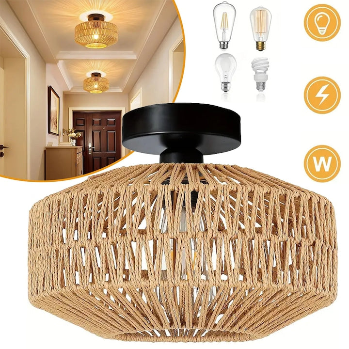 Lampshade for ceiling lamp, natural rattan, 30x20x8cm, khaki color