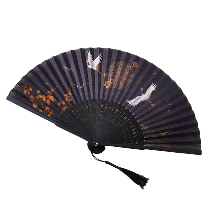 Japanese fan, ancient Chinese style, crane motif, symbolizing longevity, silk/bamboo, foldable, closed length 21 cm, open length 40 cm, blue