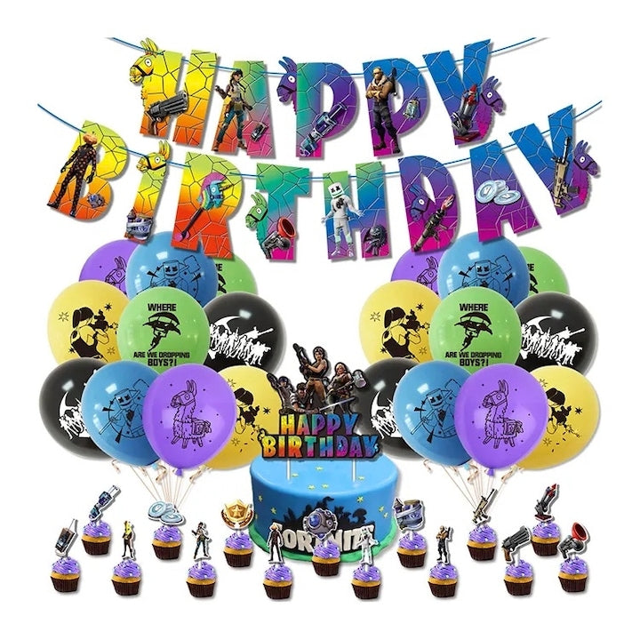 Set of 20 Fortnite Kids Balloons Birthday Party Latex 1 Happy Birthday Banner 15 Cupcake Toppers 1 Cake Topper Multicolor