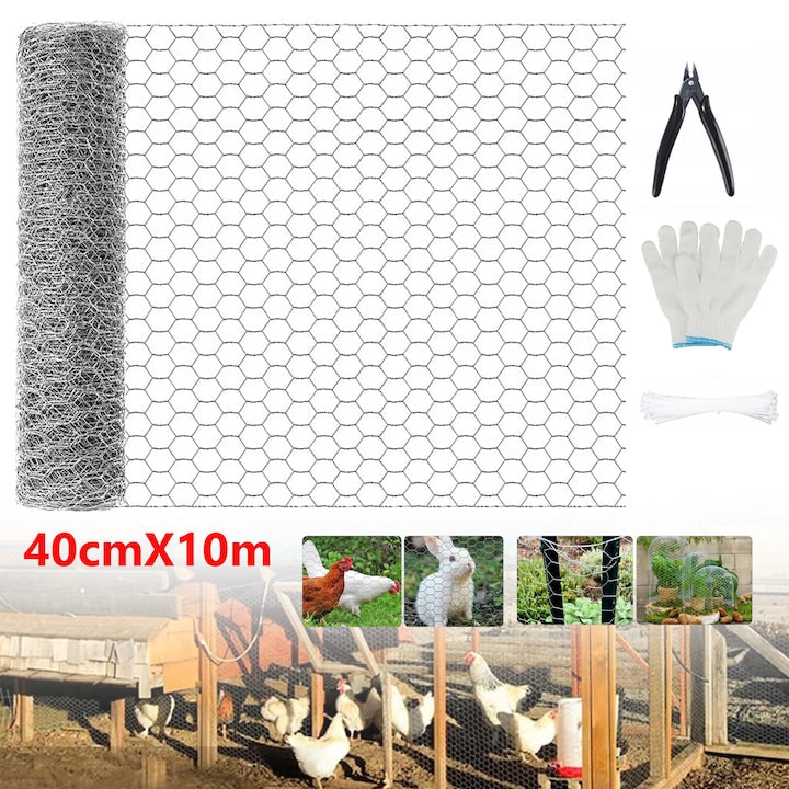 Chicken Wire Netting 0.4 x 10 m, Hexagonal Galvanized Wire Mesh for Poultry, Garden Fencing, Barrier for Pet Rabbits and Chickens, with 100 Cable Ties
