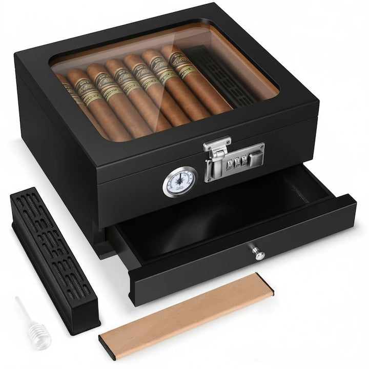 WALALLA Cedar Wood Cigar Humidor, Glass Lid, Hygrometer, Black, 23.5x18x11.5cm