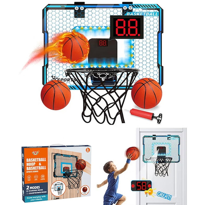 Cos de baschet interior cu LED-uri Walalla Cos de baschet de interior cu lumini LED si tabela de scor electronica setul de mini cosuri de baschet pentru usa include 3 mingi jucarie sportiva distractiva cadou pentru copii baieti si fete