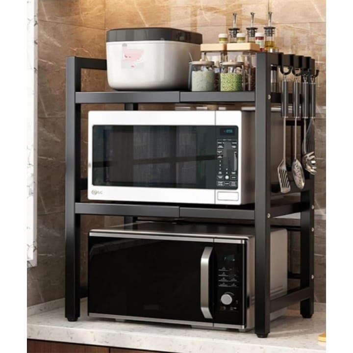 Suport pentru microunde telescopic pe doua niveluri negru metal 68x36x78 cm