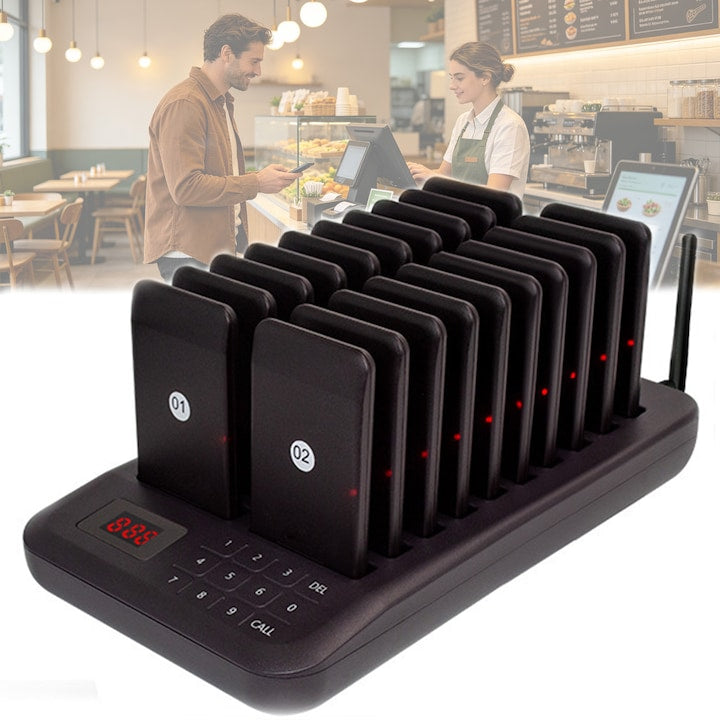 Kit Pagere pentru Restaurant SANSES Set 20 Pagere Fara Fir pentru Oaspeti 3 Moduri de Apelare Control prin Atingere Maximum 998 de Pagere pentru Restaurant/Fast-food/Cafenele Negru