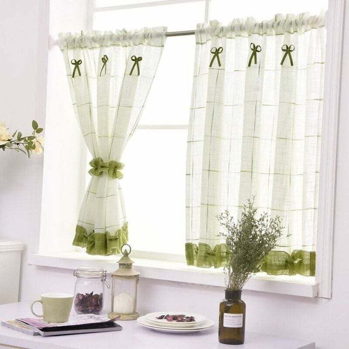 Set perdele bucatarie bumbac si in verde 90x45cm 2 piese