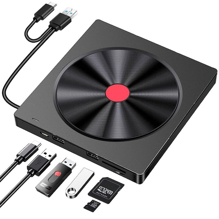 DVD Writer Extern DVD Writer Extern Portabil Unitate Optica Externa 6 In 1 Cd/DVD USB 3.0 Design Subtire Cititor de Carduri TF SD Reader DVD Player Compatibil Laptop/Desktop/Macbook/Imac Windows 11/10/8/7/XP Linux OS Mac OS Negru