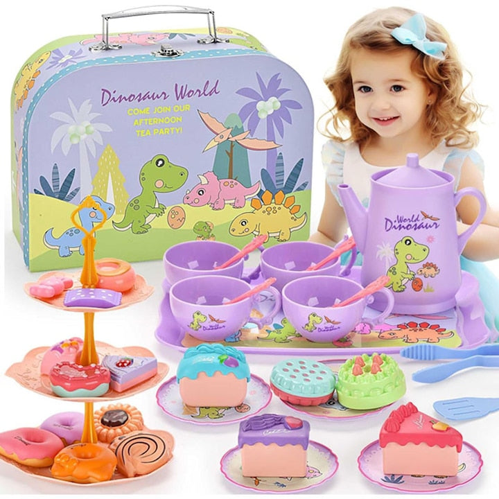 Set ceai de jucarie Omelivon Dinosaur Tea Party din plastic ABS non-toxic cu 18 deserturi si geanta de transport Multicolor 34 piese