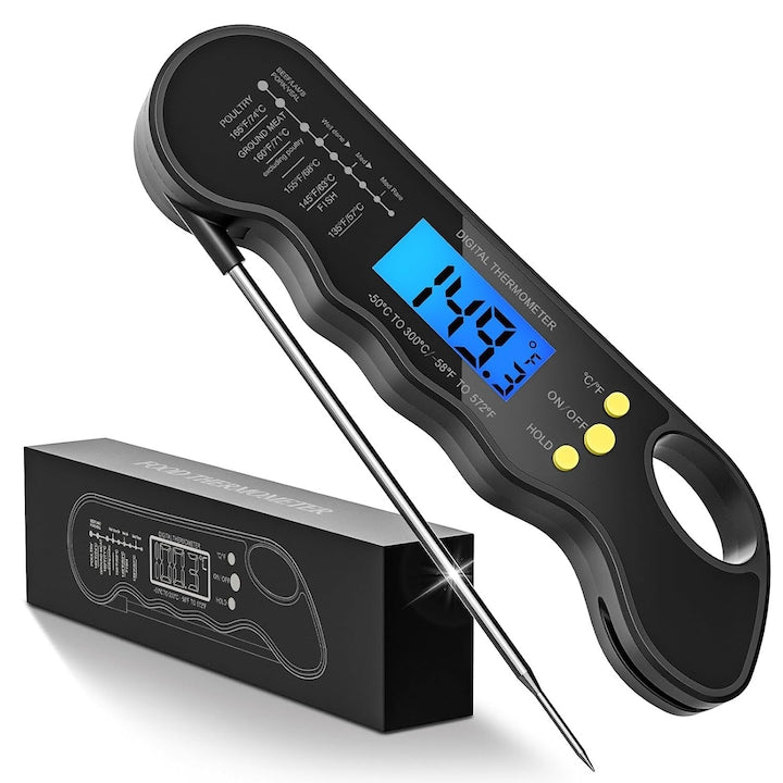 Termometru alimentar digital cu sonda inox pliabila citire 1-3 sec -50 pana la +300°C afisaj LCD iluminat IP67 pentru bucatarie si gratar OUYLAF Negru