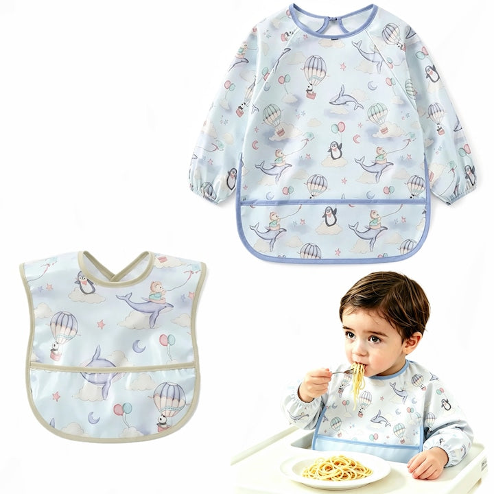 Set 2 Baveta Impermeabila (1 cu Maneci Lungi + 1 Fara Maneci) Cu Buzunar Moale si Usor de Curatat 6-24 luni Imprimeuri dragute cu Animale