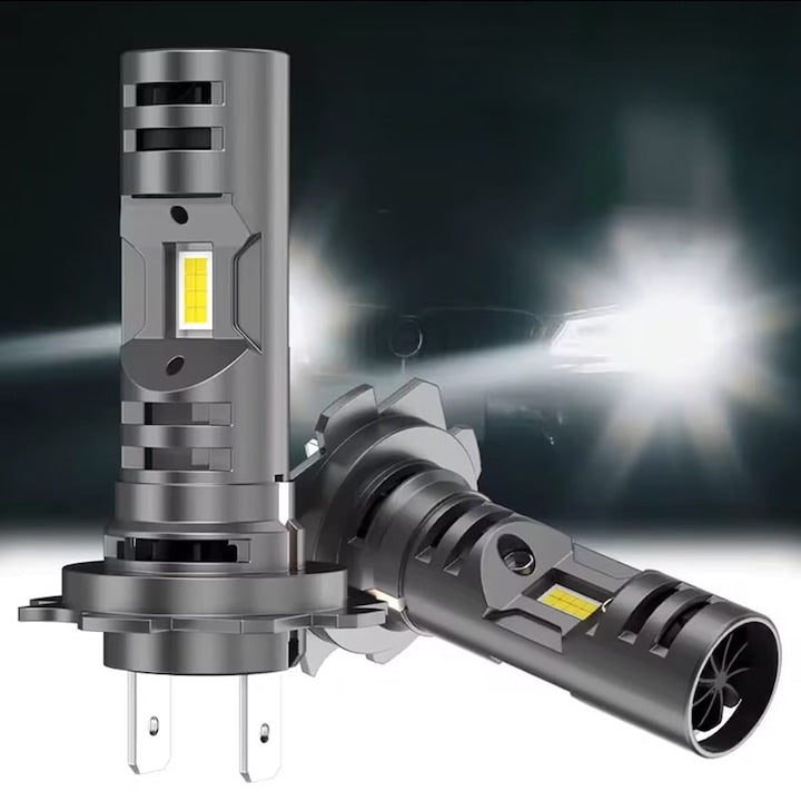 Set 2 Becuri Auto LED H7 Bec H7 LED 6000K Cu 2 Ventilatoare Pentru Racire Chipuri 3570 CSP Ultra Luminoase Lumina Alb Rece Puternica Alimentare 12V Durata Lunga De Viata Instalare Plug & Play Performanta Ridicata