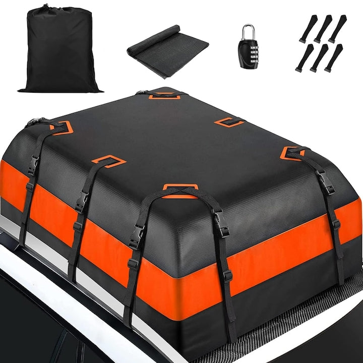 Portbagaj auto plafon JFYU Portbagaj de acoperis tip geanta Cu benzi reflectorizante de siguranta Impermeabil Pliabil Incuietoare pentru bagaje portabil Pentru orice dimensiune de masina sau SUV PVC 130 x 100 x 48cm Negru/Portocaliu