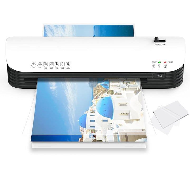 Rqiurpn A4/A5/A6 Thermal Laminator, Hot and Cold Function, Set with 50 A4 Laminating Pouches, for Home, Office, School, White