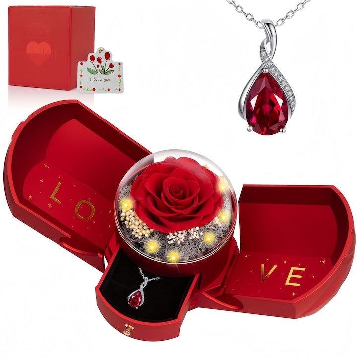 Set Trandafir etern Fantasy cutie cadou cu trandafir criogenat natural si colier Incrustat cu pietre pretioase rosii stralucitoare cadou pentru femei Ziua Indragostitilor aniversare zi de nastere Fara lumini Lungimea lantului 45 5 cm