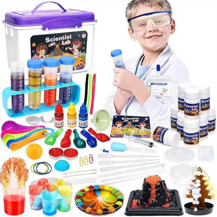 Set jucarii educative laborator de stiinte pentru copii 530 de experimente cutie de depozitare ochelari de protectie diverse accesorii + 6 ani