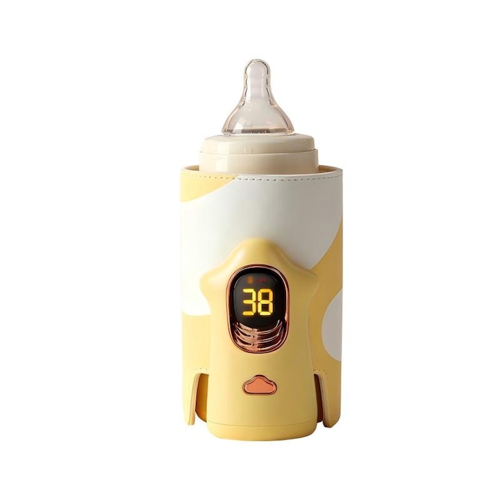 Incalzitor Portabil pentru Biberoane – Wireless 6 Trepte 38-55°C Display LED Baterie 6000mAh 18W USB Velcro Galben