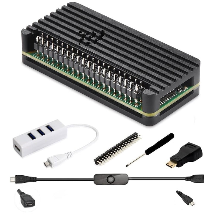 OUYLAF 7-Accessory Set for Raspberry Pi Zero W/WH/2W Case with Black Aluminum Heatsink