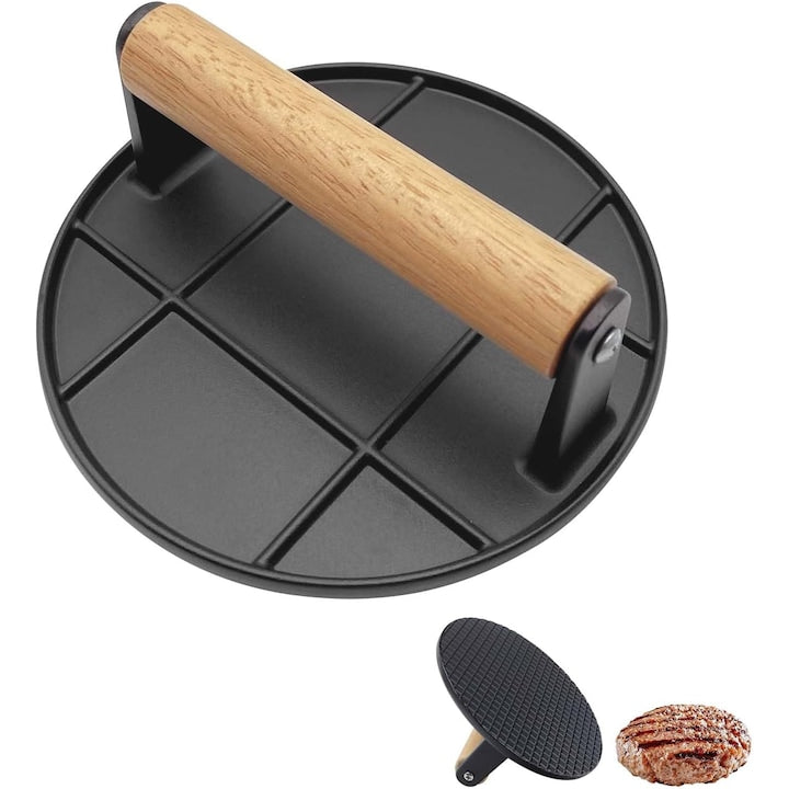 Smash burger press, 16 cm round hamburger press, heat-resistant wooden handle, for steak, burger, meat, grill, black