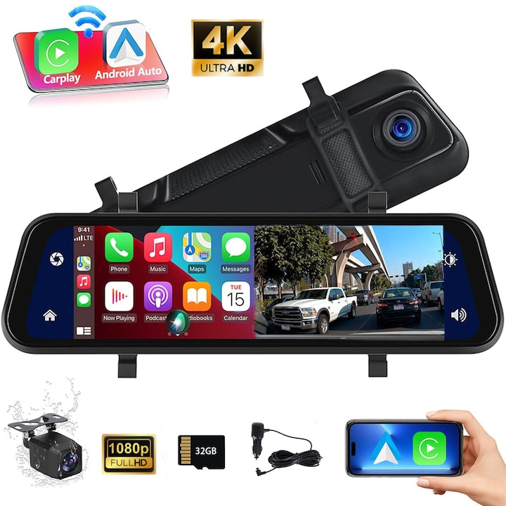 Camera Bord Auto Tip Oglinda WiFi 4K Fata 4K + Spate 1080P Touch Screen de 9 66 Inch 170° Vedere Nocturna Inregistre Bucla Card De Memorie SD 32GB Inclus SANSES Negru