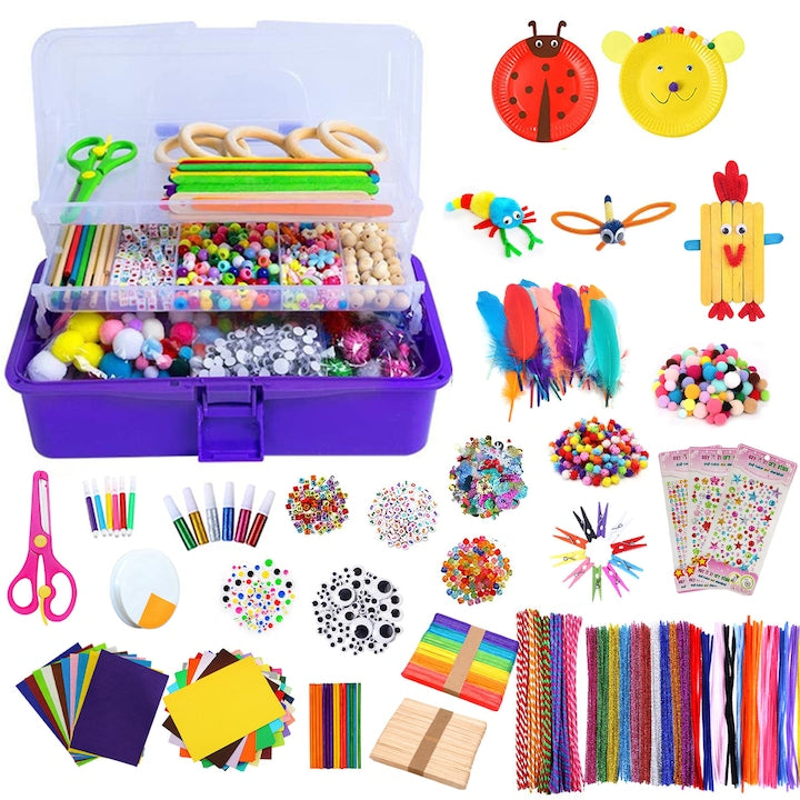 Set 5914 Piese materiale de artizanat pentru copii RorAem cutie pliabila 3 niveluri Utilizarea imaginatiei si a creativitatii Plastic/Lemn/Textil Multicolor Homeschool Jucarii pentru baieti si fete 4 5 6 7 8 ani Colorat
