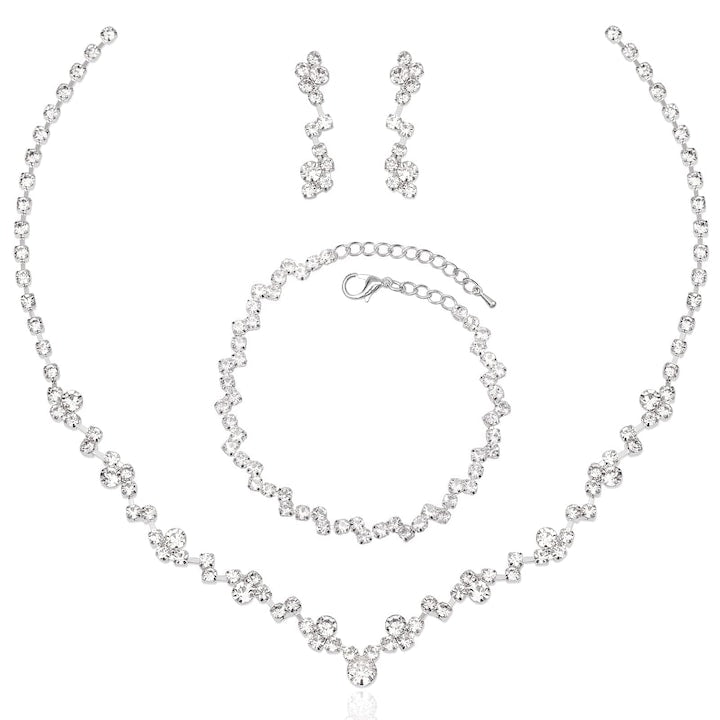 Vaxiuja - 3-piece jewelry set: rhinestone necklace, bracelet, dangle earrings, for bride, bridesmaid, prom accessories, silver