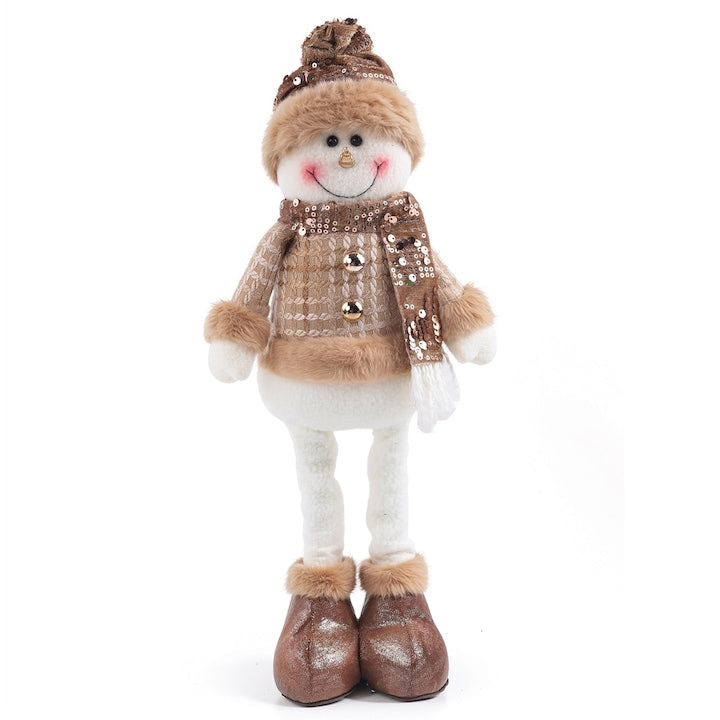 Christmas ornament figurine. Extendable legs. Freestanding. Medium. Christmas snowman costume, dressed in a tartan coat, with hat and scarf. 17*8*44cm. Christmas ornament for display window. Christmas decorations, festive parties.