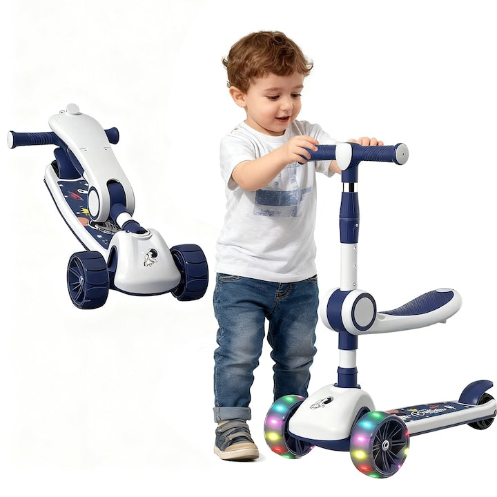 Kids Scooter with Seat, 2-in-1 Kids Scooter with LED Light-Up Wheels and Music, Adjustable Height, Detachable Seat, Ages 3-12, Up to 80 kg, Lean-to-Steer Handlebar, Non-Slip Deck, Blue