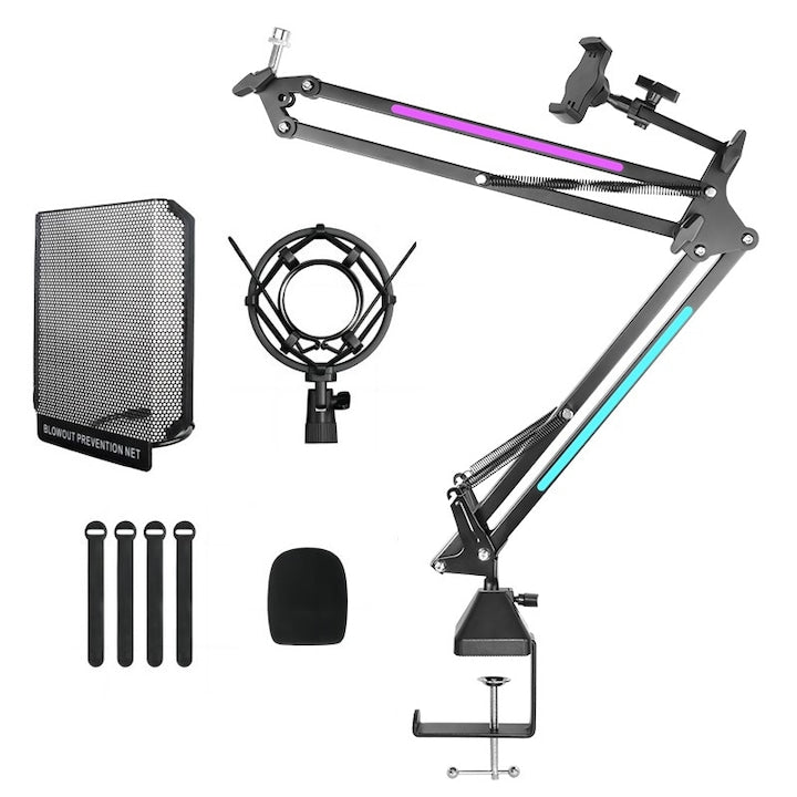 RGB Microphone Arm, Microphone Arm with Desk Mounting Clamp, Switch Control, RGB Mode, Adapter, Cable Management, Compatible with HyperX Quadcast, Blue Yeti, for Streaming, Gaming, Studio, WALALLA, Matte Black