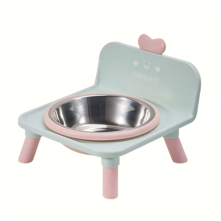 Pet Water and Food Dispenser, Anti-Reflux Elevated Bowl for Cats and Dogs, Green, Detachable Stainless Steel Bowl, Dragan Chair Design, Neck Protector, Non-Slip, Detachable and Easy to Clean, Stainless Steel Material