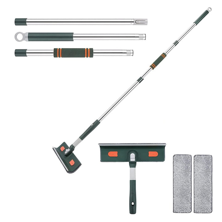 Stergator de geamuri telescopic multifunctional Axroad Mall 2 in 1 Ajustabil 72-172cm Cu 2 lavete din microfibre Design ergonomic Usor de utilizat Rotativ la 180° Pentru geamuri gresie faianta sau podea Verde