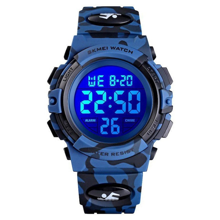 SKMEI - Kids Digital Sports Watch, 5ATM Water Resistant, Dial Illumination, Date, Stopwatch, Alarm, Premium Quality, Blue Camouflage