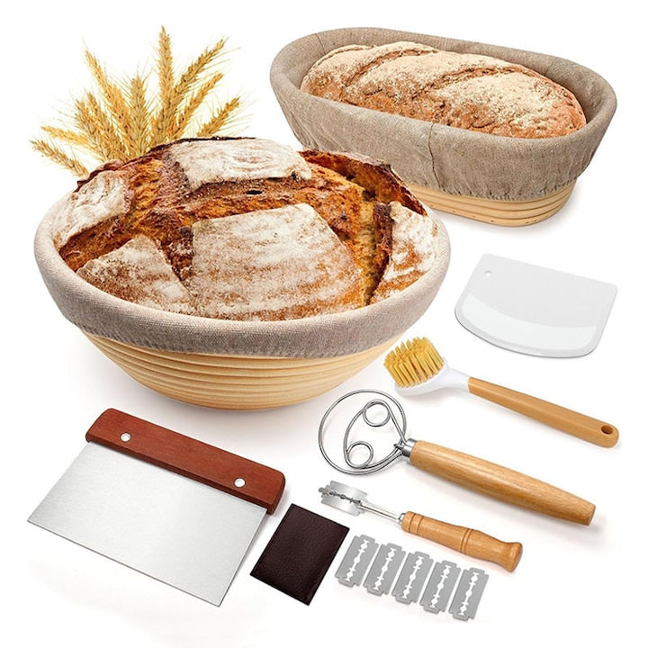 Bread fermentation basket set Rqiurpn 23 cm round and 25 cm oval Natural rattan Includes dough scraper Linen liner dough spoon 5 blades For serving or proofing Yellow