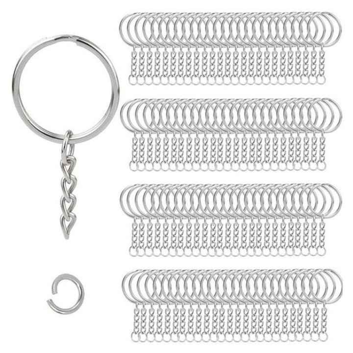 Set of 100 metal keychains with chain and silver open jump rings, 25mm