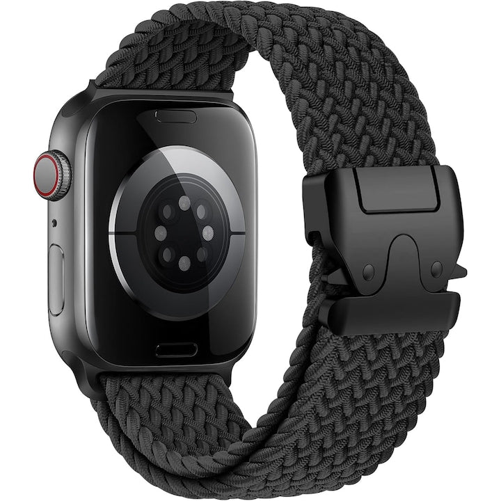 Bratara impletita compatibila cu Apple Watch 10/9/8/7/6/5/4/3/SE/2 display 38/40/41/42mm atarama de Parasuta Material Elastic Negru