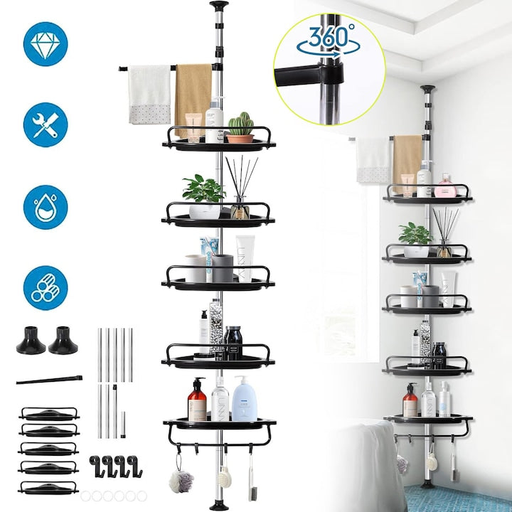 Shower Caddy, Telescopic Corner Shower Shelf for Bathroom, Height 95-300 cm, Stainless Steel, with 5 Shelves, 4 Hooks, 1 Towel Bar, Shower Organizer, Rustproof Bathroom Shelves