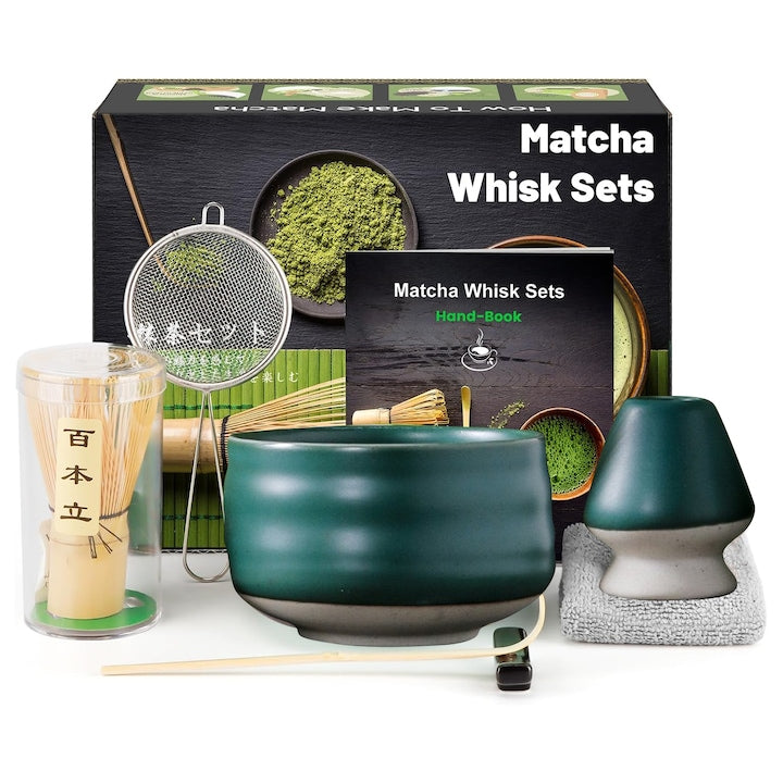 Matcha Tea Set 7-Piece Matcha Tea Set Matcha Bowl Whisk Holder Bamboo Spoon Spoon Rest Cotton Tea Cloth Ceramic Whisk Holder Sieve Gift Packaging Green