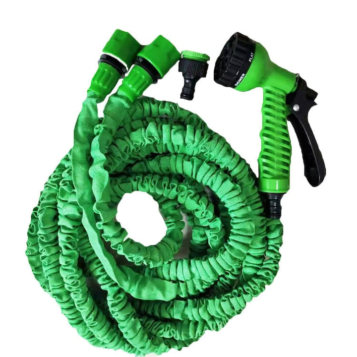 Furtun multifunctional extensibil pana la 30 metri lungime pentru udat gradina cu pistol 7 functii si conectori retea apa inclusi in pachet Verde