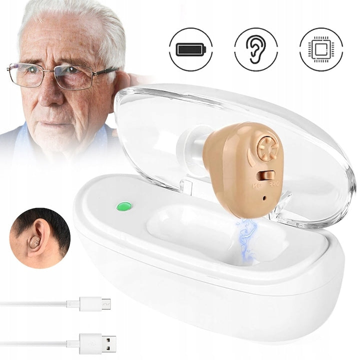 Aparat Auditiv Premium Incarcare USB autonomie pana la 50 ore 130 dB 3 accesorii amplificator de sunet cu carcasa de andocare pentru adulti