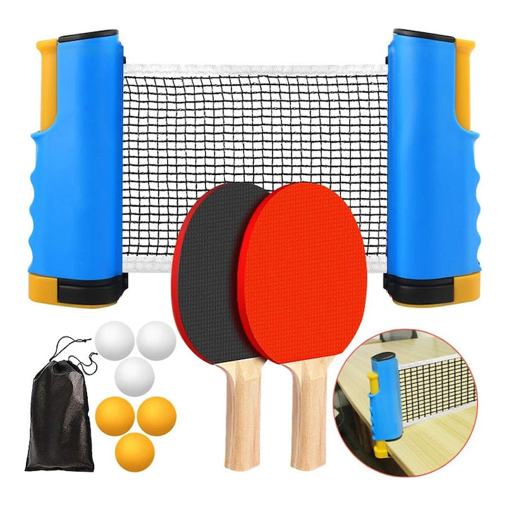 Duueyct Complete Ping Pong Set, Retractable Net, 2 Paddles, 6 Balls, Carry Bag, Ergonomic Design, Portable, for Outdoor Sports Training Competitions, Wood/Plastic, Blue